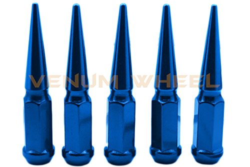 Venum wheel accessories 32pc Blue Spike Lug Nuts M14x1.5 4.5" Tall Solid Steel Special Design Locking Socket Key | Fits 2012-2017 Chevy 2500 3500 Aftermarket Wheels