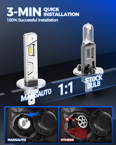 Marsauto H1 LED Bulb, 32000LM 600% Brighter H1 Bulb, 1:1 Mini Size No Adapter Needed for H 1 Fog Lights, Plug and Play, No Flicker, 99% Compatibility, Headlight Bezels - color: White, size: MF2 H1/H1LL