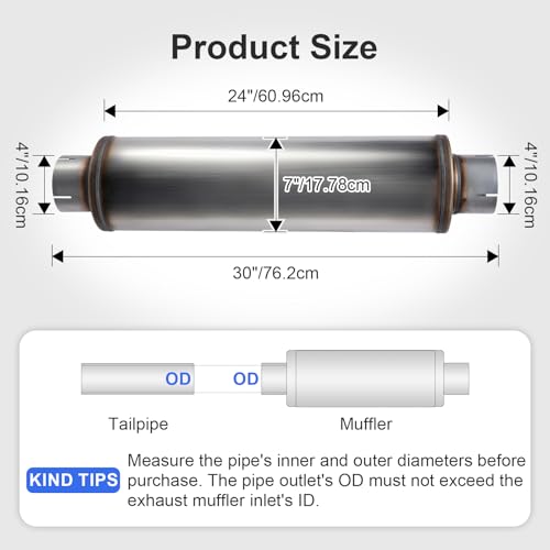 Exhaust Muffler Universal Stainless Steel Muffler Tip Straight-Through Performance for Cars Trucks, 4" Inlet/Outlet, Overall Length 30", 7" Body Diameter - size: 4" Inlet/Outlet - 7" Body Diameter