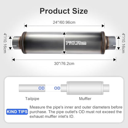 Exhaust Muffler Universal Stainless Steel Muffler Tip Straight-Through Performance for Cars Trucks, 4" Inlet/Outlet, Overall Length 30", 7" Body Diameter - size: 4" Inlet/Outlet - 7" Body Diameter