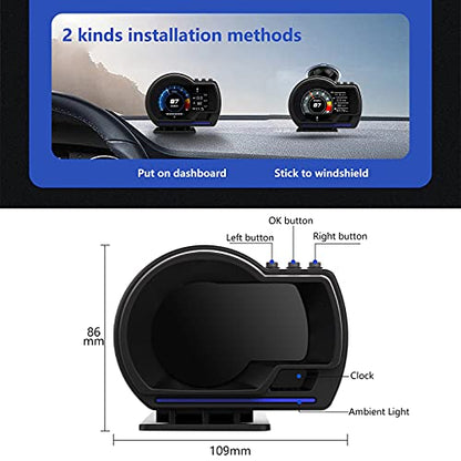 Dyno Racing OBD2 Gauge,OBD+GPS HUD Digital Display Gauge 10 Kinds Display Interface,Speedmeter & RPM,Water Temperature,Voltage,Turbo Pressure,Driving Mileage, Manual Adjusted Alarm Flashing