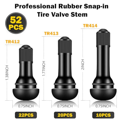 Tire Valve Stems Rubber Black Rubber Snap-in Valves,Tubeless Valve Stems Suit for 0.453 inch Rim Holes on Standard Vehicle Tires (52pcs（TR412-22pcs、TR413-20pcs、TR414-10pcs）) - size: 52pcs（TR412-22pcs、TR413-20pcs、TR414-10pcs）