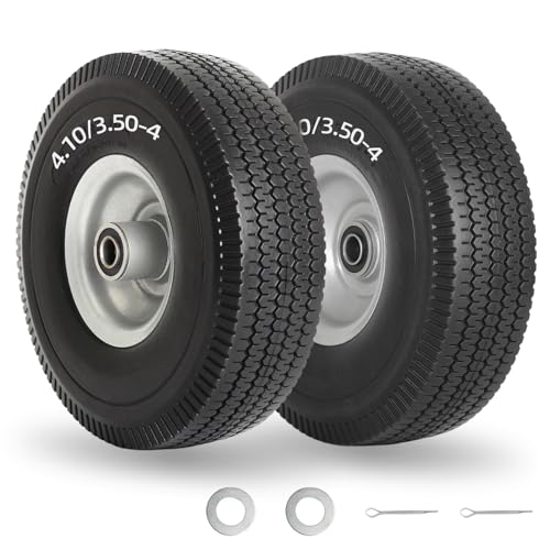 GICOOL 4.10/3.50-4" Flat Free Tire and Wheel, 10" Solid Tire with 5/8" Axle Bore Hole, 2.2" Offset Hub for Hand Truck Garden Wagon Cart Trolley Dolly Lawn Mover Replacement