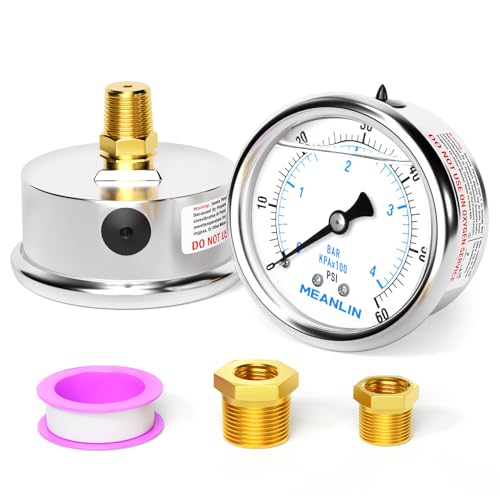MEANLIN MEASURE 0~60Psi Stainless Steel 1/4" NPT 2.5" FACE DIAL Liquid Filled Pressure Gauge, Pool Sand Filter Pressure Test Center Back Mount, with 1/2" NPT and 3/8" NPT Hex Bushing - size: 0-60Psi