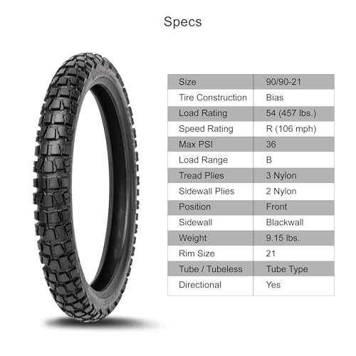 Tusk Waypoint Adventure Motorcycle Front Tire – 90/90-21 (54R) – Dual Sport On/Off-Road Tread – DOT Compliant - size: 90/90-21