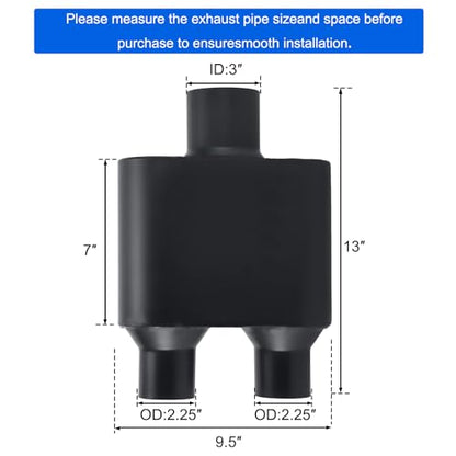 Universal Mufflers,Performance Automotive Exhaust Muffler, Single Chamber 3" (ID) center in 2.25" (ID) dual out (Black) - color: Black