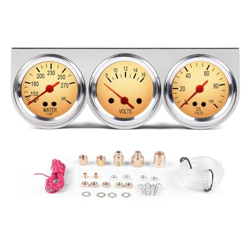 2'' 52mm 3in1 Triple Gauge Set Gauges Kit Universal Chrome 8V-16V Volt Gauge,100-280℉ Water Temp Temperature Gauge, 0-100 PSI Oil Pressure Gauge Meter