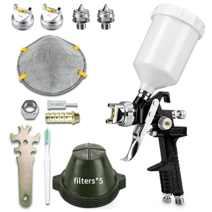 HVLP Gravity Feed Air Spray Gun with 1.4mm 1.7mm Nozzles and Mask,5pcs Fine Mesh Paint Filter Funnel 600cc Capacity Cup Air Spray Paint Gun for Auto Paint, Primer, Clear/Top Coat & Touch-Up