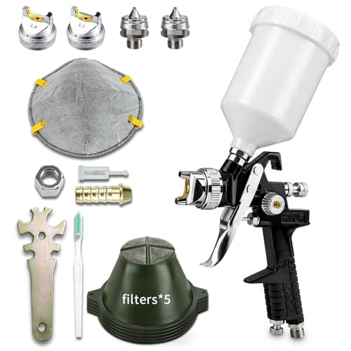 HVLP Gravity Feed Air Spray Gun with 1.4mm 1.7mm Nozzles and Mask,5pcs Fine Mesh Paint Filter Funnel 600cc Capacity Cup Air Spray Paint Gun for Auto Paint, Primer, Clear/Top Coat & Touch-Up