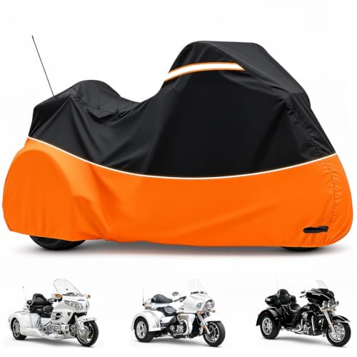 Trike Cover,Waterproof 3 Wheel Motorcycle Cover for Harley Tri Glide,Honda Goldwing Trike,Kawasaki Voyager Trike Accessories,with Adjustable Windproof Buckle,Night Reflective Strips,Black & Orange - size: Trike
