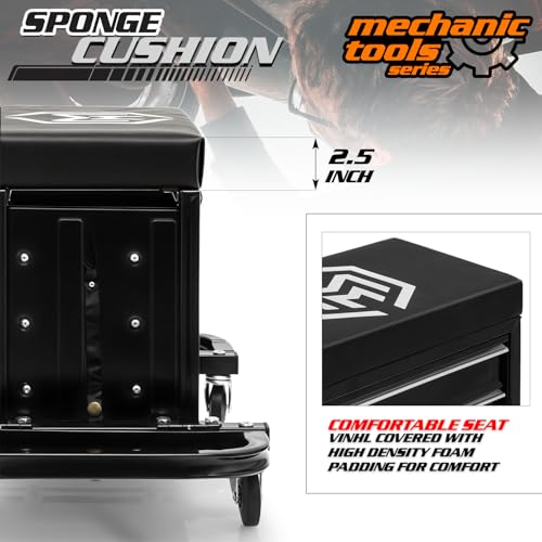 M-AUTO Rolling Mechanic Stool Garage Toolbox Stool Tool Chest Seat w/Wheels, 350LBS Capacity Padded Mechanic Stool Creeper Seat w/Drawers & Side Tool Trays for Home Garage and Workshop, Black