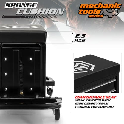 M-AUTO Rolling Mechanic Stool Garage Toolbox Stool Tool Chest Seat w/Wheels, 350LBS Capacity Padded Mechanic Stool Creeper Seat w/Drawers & Side Tool Trays for Home Garage and Workshop, Black
