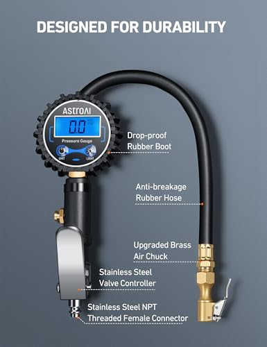 AstroAI Digital Tire Pressure Gauge with Inflator, 3-250 PSI ±1% Precision - color: Blue