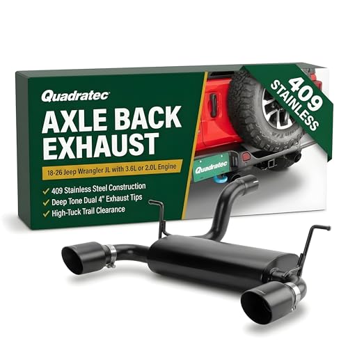 Quadratec Axle Back Dual Outlet Performance Exhaust System - Fits Jeep Wrangler JL 2018-2022 - Offroad Durability - Stainless Steel, Black Finish - Deep Smooth Exhaust Tone - 2.5" Pipe, 4" Tips