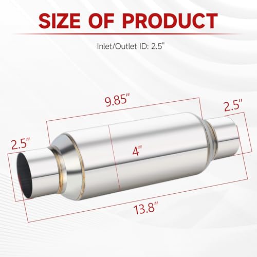 LCGP 2.5" Inlet Universal Resonator, 2.5" Outlet 13.77" Overall Length Stainless Steel High Performance Muffler, Polished, Pass-Thru Design - color: Silver, size: 2.5" Inlet 14" Long