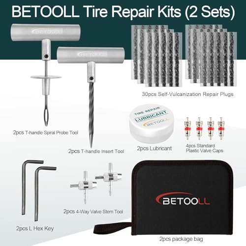 BETOOLL Tire Repair Kit, Sets of 2-24pcs Professional Heavy Duty Universal Emergency Flat Tire Repair Kit, for car Motorcycle, Truck, Golf Cart, ATV, Tractor, ARB, RV, SUV, Trailer etc.(Black) - size: 04- Set of 2-24pcs (Black)