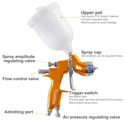 Auto Body Paint Spray Gun Kit Automotive air hvlp Spray Gun Car Paint Gun Gravity kit 1.3mm Tip 600ml Plastic Cup for Car Paint，Gold - color: Gold