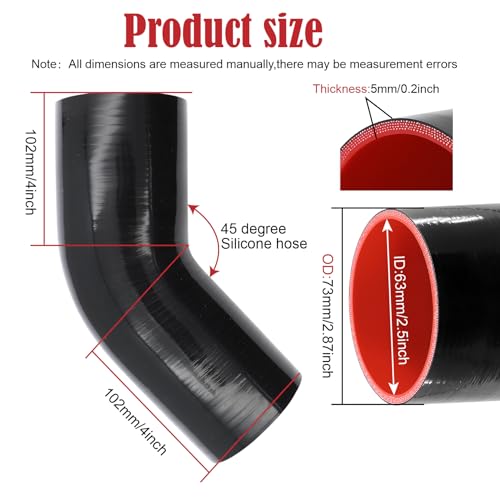 45 Degree ID 2-1/2 Inch Elbow Silicone Coupler Hose 4 Ply Polyester Reinforcement With 2 Steel T Clamps,Intercooler,Turbo,Intake Pipe - size: 45° 2.5"