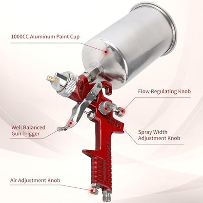 HVLP Gravity Feed Spray Gun Kit with 1.4/1.7/2.0/2.5mm Nozzles - color: red