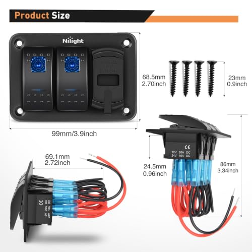 Nilight - 90116C 2 Gang Rocker Switch Panel with 4.8 Amp Dual USB Charger Voltmeter Waterproof 12V-24V DC Rocker Switch with Night Glow Stickers for CarsTrucks Boats RVs,Blue - color: Blue, size: 3 Gang Dual USB