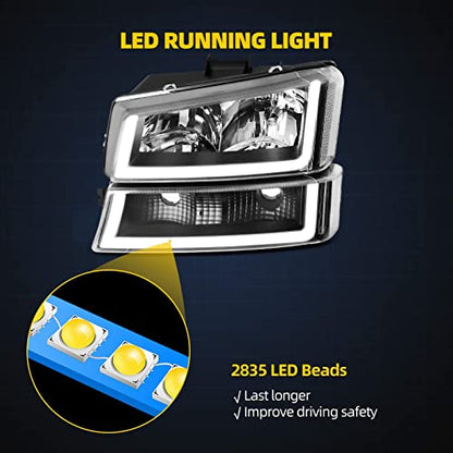 DWVO LED DRL Headlight Assembly Compatible with 2003-2006 Silverado Black - color: B Black Housing Clear Reflector