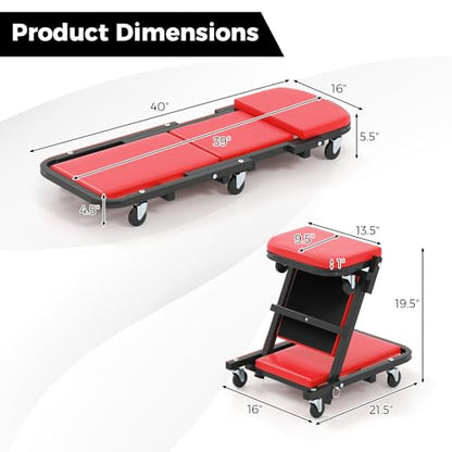 40" Z Garage Creeper, 2-in-1 Folding Creeper with Padded Seat & 6 Wheels, Low Profile Mechanic Creeper Seat Automotive Stool for Workshop, Auto Repair, 350 lbs Capacity