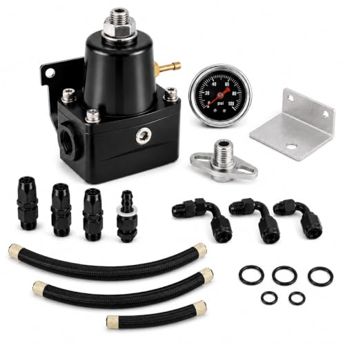 EFI Fuel Pressure Regulator 6AN Fittings and PTFE Braided Hose Bypass Return Adjustable (30-70PSI) (Black) - color: Black