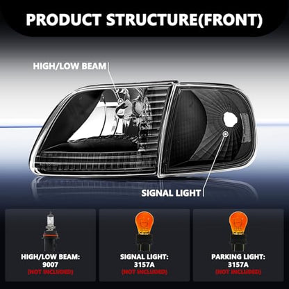 Aosky Halogen Headlights Assembly for 1997-03 Ford F150 Expedition - color: Black / Clear, style: w/o Bulbs