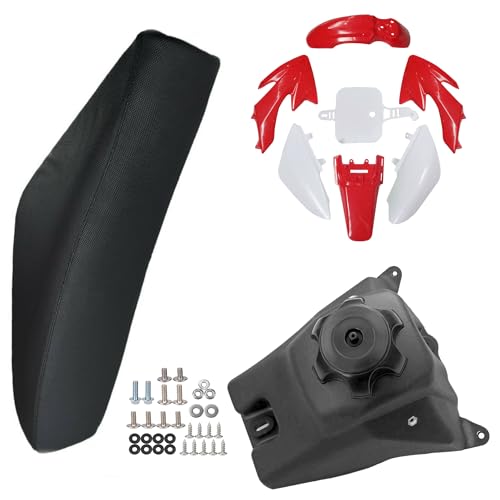 Durable ABS Plastics Kit with High Elasticity Black Tall Seat & Fuel Gas Tank for CRF50F XR50R CRF XR 50 SSR Chinese 110cc 125cc Dirt Pit Bike Body Work Fairing Kit & Bolts (Red) - color: Red