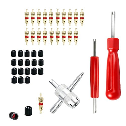 Valve Stem Removal Tool, 20 PCS Valve Cores, 20 PCS Tire Valves Caps, 1 PCS 4-Way Valves Tool, Valve Core Remover Tool with Storage Box Universal for Cars/Motocycle/Bike