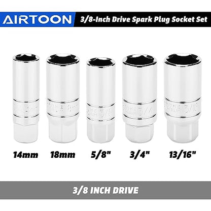 8-Piece 3/8 Inch Drive Spark Plug Socket Set with Spark Plug Gapper, Universal Joint and Extension Bar, SAE & Metric, 5/8-inch, 3/4-inch, 13/16-inch, 14mm, 18mm, CR-V Steel Sockets with Rubber - size: 8-Piece Spark Plug Socket Set with Accessory