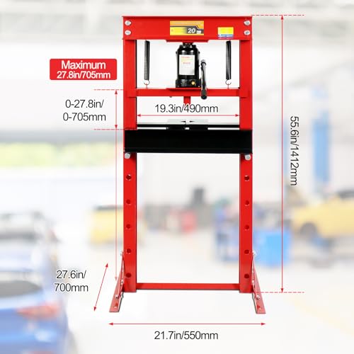 GarveeTech 20 T Hydraulic Press, 20 T H-Frame Garage Floor Hydraulic Shop Press, Adjustable Hydraulic Press with Plates, Red