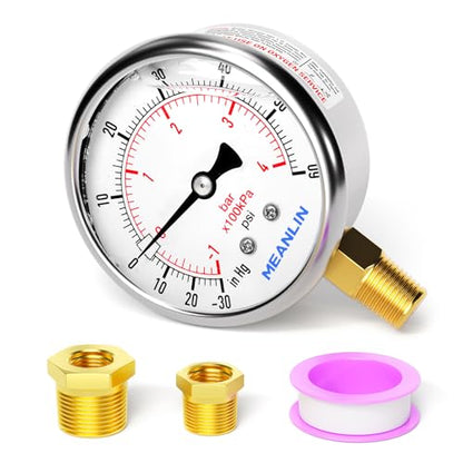 MEANLIN MEASURE -30inHG~60Psi Stainless Steel 1/4" NPT 2.5" FACE DIAL Vacuum Pressure Gauge, Lower Mount, with 1/2" NPT and 3/8" NPT Hex Bushing - size: -30inHG-60Psi