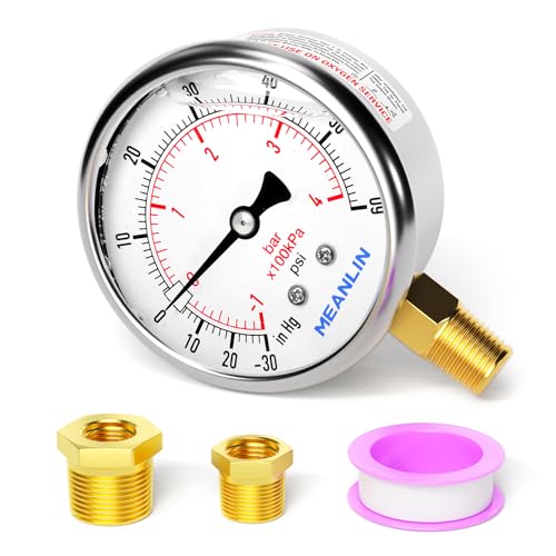 MEANLIN MEASURE -30inHG~60Psi Stainless Steel 1/4" NPT 2.5" FACE DIAL Vacuum Pressure Gauge, Lower Mount, with 1/2" NPT and 3/8" NPT Hex Bushing - size: -30inHG-60Psi