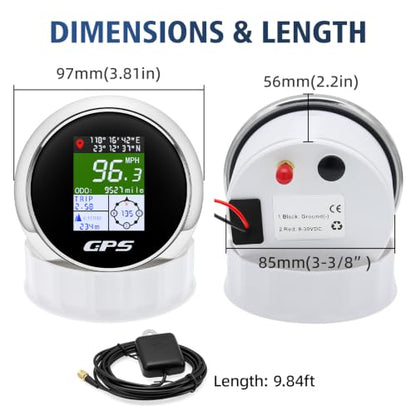 Boat GPS Speedometer Gauge 3-3/8" 85mm Waterpoof for Marine Car - color: Black & White