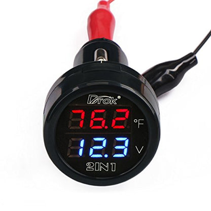 DROK Digital DC Voltage 10-170 Degree Fahrenheit Temperature Monitor Car Motorcycle Battery Voltmeter Thermometer 12V 24V Temp Volt Tester Multimeter - style: Standard