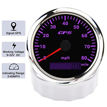 KAOLALI GPS Speedometer 85mm 3-3/8" Car Speedometer Gauge GPS Antenna 0-80 MPH for Car Motorcycle Boat Marine Truck fit 9-32V 7 Colors Backlight - color: 80MPH-Silver