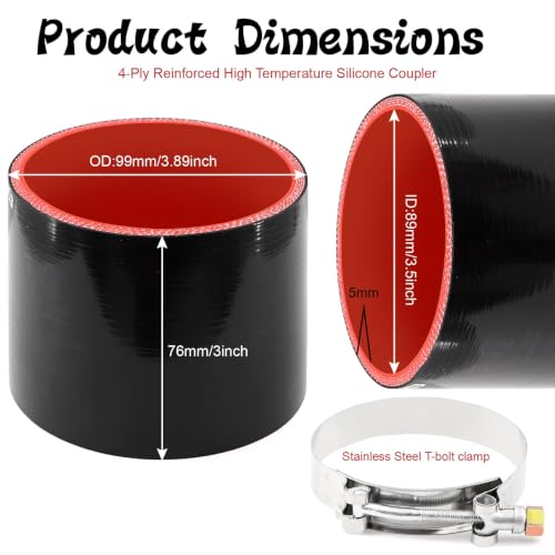 Silicone Coupler ID 3.5 inch (89mm) Straight Rubber Hose 4-Ply - size: ID3.5"