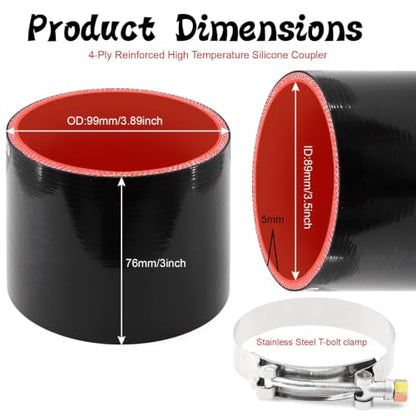 Silicone Coupler ID 3.5 inch (89mm) Straight Rubber Hose 4-Ply - size: ID3.5"