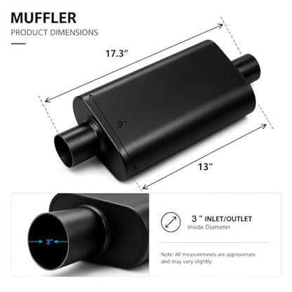 Universal 3" ID Center/Center Dual Chamber Muffler - Aggressive Deep Sound, Black Aluminized Steel, Welded/Clamp-On (17" Total Length) - color: Black, size: 3 Inch