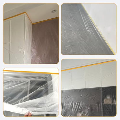 Pre-Taped Masking Film Film and Masking Tape in one Plastic Tape and Drape Roll Painters Plastic (3 Pack, Each roll 22" Wide x 82 feet Long) with one Dispenser