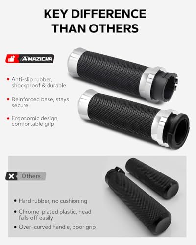 Amazicha 1inch Handlebar Grips, Cable Throttle Control Hand Grips Fit for Harley ’96-’07 Touring, ’96-Later XL, ’02-’17 VRSC, ’08-’13 XR, ’96-’17 Dyna (Except FXDLS) - color: Chrome