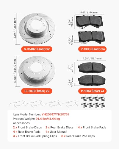 VEVOR Front & Rear Ceramic Brake Kit Compatible with 2016-2021 Lexus LX570, 2016-2021 Toyota Land Cruiser, Drilled and Slotted Brake Rotors Ceramic Brake Pads Replacement Kit, 14 inch Front Rotors - size: S-31482 + S-31483