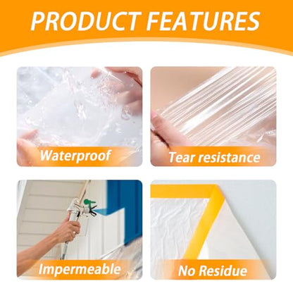 Painters Plastic with Tape 59inx65ft,Pre-Taped Masking Film Automotive Tape and Drape,Tear-Resistant Plastic Painting Film for Car Painting & Home Renovation (2 Roll) - size: 59inx65ft, style: 2 rolls
