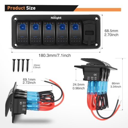 Nilight 5 Gang Rocker Switch Panel with 4.8 Amp Dual USB Charger Voltmeter - color: Blue, size: 6 Gang Dual USB