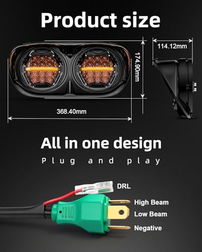 LX-LIGHT DOT Approved 270° LED Dual Headlight with High Low Beam Amber DRL Compatible with Road Glide 2003-2014, Black