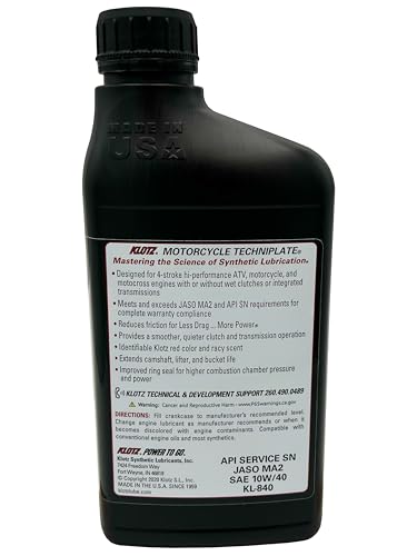 Klotz Motorcycle TechniPlate with Integrated Transmission, Hi-Performance Synthetic Motor Oil Lubricant for 4-Stroke Engines | 10W-40 – KL-840 – 1 Quart - size: 10W-40
