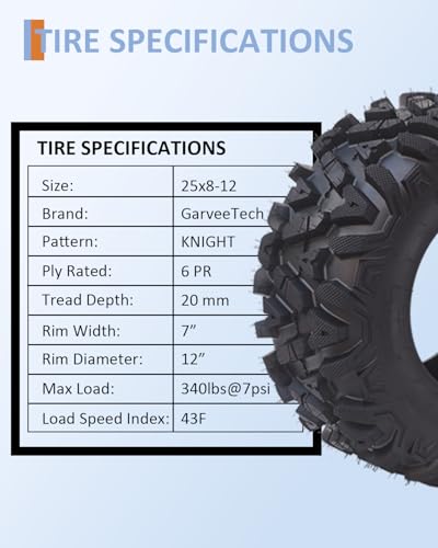 GarveeTech Set of 4 ATV/UTV All-Terrain Tires 25x8-12 Front & 25x10-12 Rear, 6 PR Tubeless, Off-Road Mud/Sand/Rock Performance, Rims Not Included - size: 25x8-12 & 25x10-12, style: Pattern A