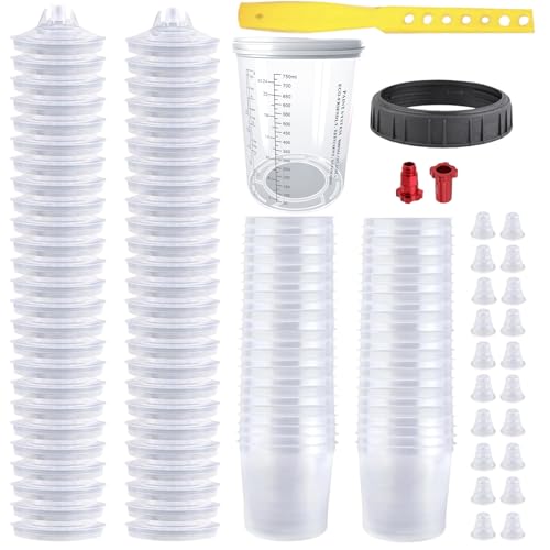 Disposable Paint Spray Gun Cup System for HVLP Paint Spray Paint Gun, Standard 27 Ounce (800ml) Kit with 50 Cups and Lids, 1 Hard Paint Mixing Cup with Retainer Ring and 20 Plugs. - color: Dis-800m1-50pcs