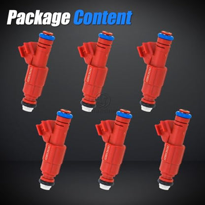 Sorghum Fuel Injectors Set of 6 Compatible with Jeep Grand Cherokee Wrangler TJ 1999-2004 Cherokee Liberty Ford Focus 2003-2007 Escape Mustang Replace# 0280156161 FJ462 - color: 280156161(Red)